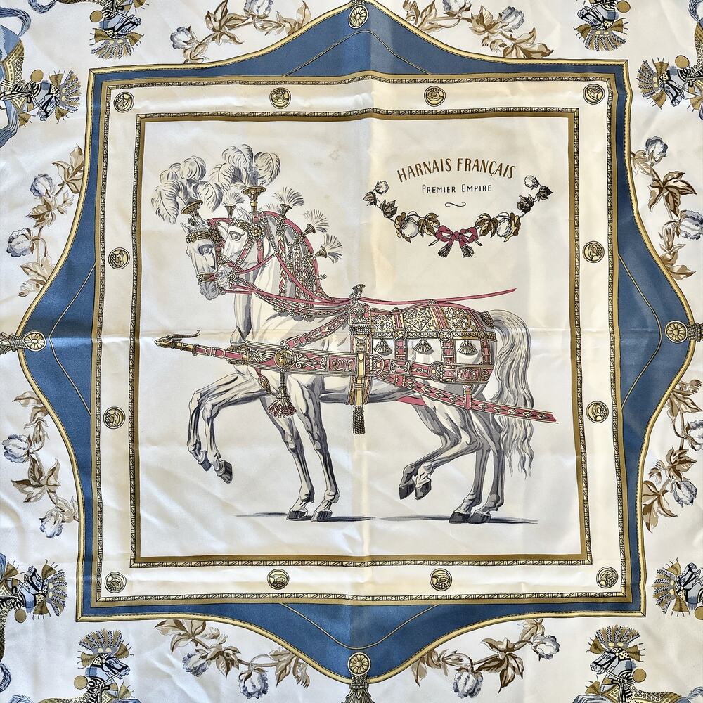 VINTAGE HERMES SCARF HARNAIS FRANCAIS BLUE 100% SILK - Picture 9 of 16